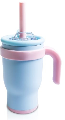 Behogan Tazza termica per bambini con cannuccia: 420 ml con coperchio, tazza con manico per bambini, tazza per auto, tazza termica per bevande calde e fredde