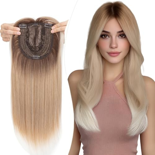 Elailite Hair Topper Donna Clip in con Frangia per Capelli Castano Medio/Biondo Dorato/Biondo Pallido, Posticci con Clips Middle Parting Toupet Toupee Protesi 45cm 175g (Base 15cm*15cm)