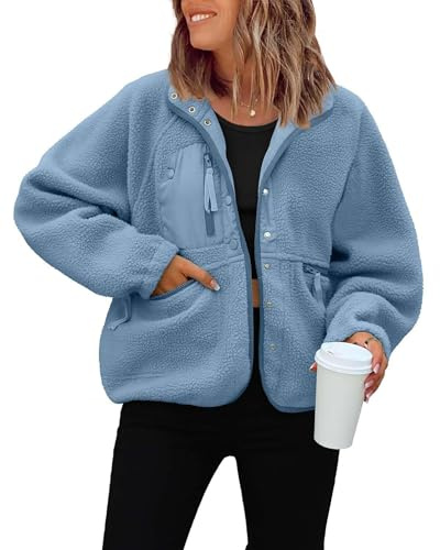 ReachMe Womens Button Down Cropped Fuzzy Fleece Jackets(Blue,XS)