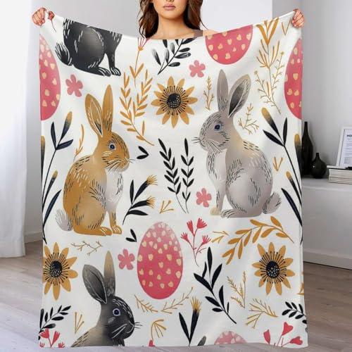 ArogGeld Watercolor Bunny Colorful Floral Warm Flannel Blankets Rabbit Easter Eggs Wildflowers Flannel Fleece Blankets Cosy Soft Warm Sofa Throw 70x80in Christmas Housewarming Gift to Friend