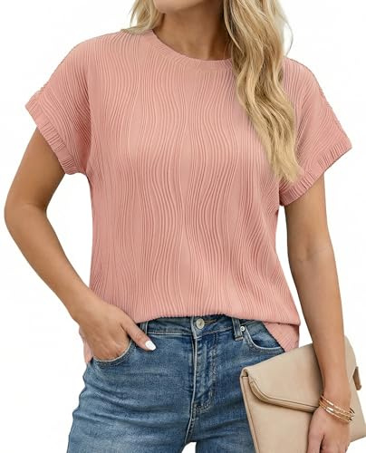 Enmain Toppar för damer mössa ärm sommar rund hals stretch skrynkel- och strykfritt kortärmad vardaglig t-shirt blus texturerad solid t-shirt gå ut arbete kväll bas toppar för kvinnor, D2 Rosa, L