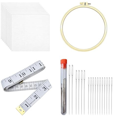 Alriedy 30PCS Embroidery Fabric Kit Cross Stitch Sewing Supply Set, 10 pcs White Cotton Fabric, 20cm Hoop, Tape & 18 Needles – Complete Craft Kit for DIY, Garment Making & Cross Stitch