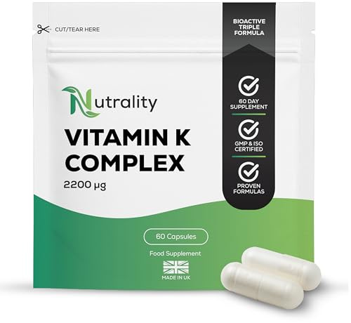 Nutrality Premium Triple Vitamin K Complex 2200 mcg – Bioactive Natural Forms – Vitamin K1 Plus K2 (MK-4 & MK-7) – High Strength K2 Supplements for Maintenance of Normal Bones