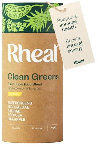 Rheal Clean Greens 165 g, Superfood Greens Powder for Daily Energy & Immunity Support – with Spirulina, Moringa & Wheatgrass – Vegan – 30 Servings, Natural Pineapple Flavour