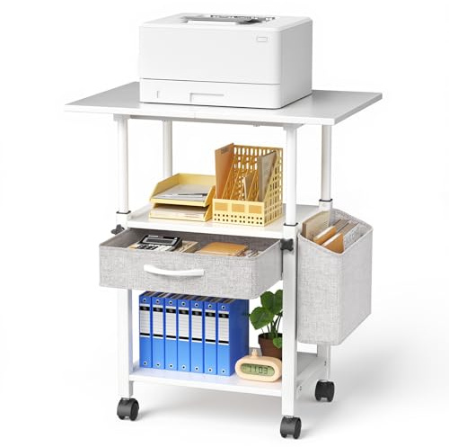 Reomdara Tavolo per stampante con ruote, supporto per stampante a 3 livelli, tavolo per stampante con cassetto e tasca laterale, grande carrello su ruote con ripiano regolabile per ufficio e casa (1)