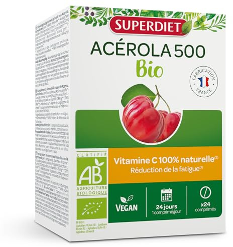 SUPERDIET- ACÉROLA 500 BIO - Haute concentration en Vitamine C-Réduction de la fatigue -Fabrication Française-24 comprimés à croquer