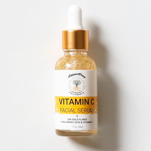 Organiskt C-vitamin-ansiktsserum med 24K guldflingor, hyaluronsyra, vitamin E - behandling av acneärr, Dark Spot Corrector, Anti Aging & Brightening - Formulerad i San Francisco