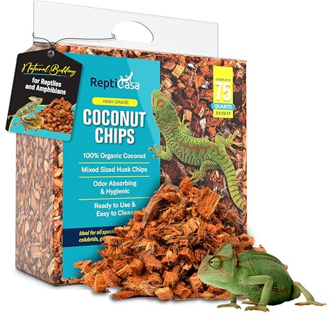 ReptiCasa Bloque de sustrato expandible de chips de coco orgánico para reptiles, serpientes, tortugas y anfibios, cáscaras sin fibra natural, cría limpia y suelo de cama, absorción de olores, hasta 75