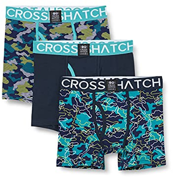 Crosshatch Men’s Linamo Boxer Shorts (Pack of 3), Soft Stretch Cotton Trunks with Signature Branded Waistband, Patterned Multi-Pack, Sizes S-XXL, Blue, Red, Teal