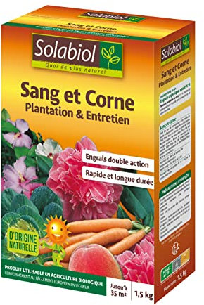 SOLABIOL Sang Et Corne 100% - 1,5Kg - Libération Rapide de l’Azote (sang) - Effet progressif & Durable (corne) - Jusqu’à 35m²- Produit homogène et facile à épandre SOMIX15G10N