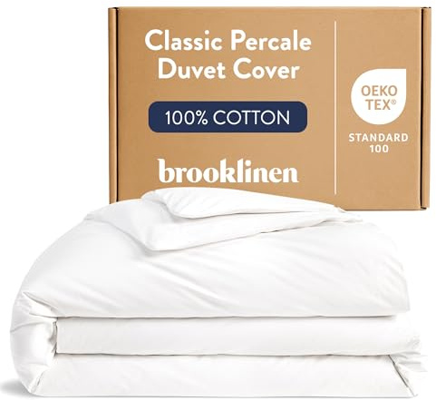 Brooklinen Luxury Percale Duvet Cover – 100% Cotton, Cool, Crisp, Extra-Long Corner Ties, Button Closure, Soft & Breathable – Machine Washable, Duvet Cover Full/Queen Bed Sizes (White)