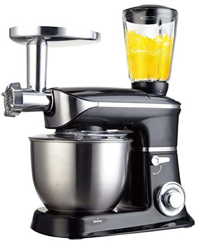 Exprimidor/batidora de pie/picadora de carne 3 en 1, 1300 W, tazón de 6,5 l, regulación de velocidad de 6 velocidades + pulso, con gancho para masa/batidor/batidor plano/espátula, blanco (negro)