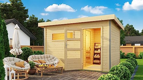 Chillroi® Karibu Saunahaus Helmi Gartensauna Outdoor Dampfkabine naturbelassen/terragrau optional mit Saunaofen (Naturbelassen mit finnischem 9 KW Ofen)