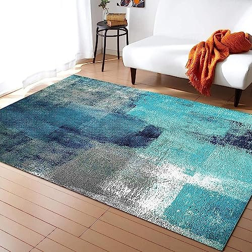 Teppich Wohnzimmer Weich rutschfest Waschbar Teppich, Tepiche Moderne 50 X 80 cm Design Carpet Fürs Wohnzimmer, Kinderzimmer, Schlafzimmer Abstrakte Kunst In Türkis Und Grau