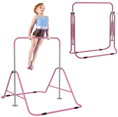 HOMCOM Barre Fixe de Gymnastique pour Enfants Pliante - Hauteur réglable de 88 à 128 cm - avec Base Triangulaire en Acier - Rose