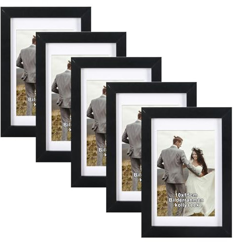 kollyseek 5er Set Bilderrahmen 10x15 cm aus MDF und Acrylglas-Schwarz Fotorahmen Bilderrahmen holz,zum Aufhängen & Aufstellen, Wohnzimmer zum Stellen und Hängen, Schwarz Dekorahmen