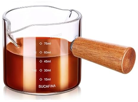RETON 4 tazas medidoras de vidrio expreso, vaso de chupito de espresso de 75 ml con mango de madera, taza de espresso doble con doble escala, taza medidora de vidrio para café, leche, jugo líquido