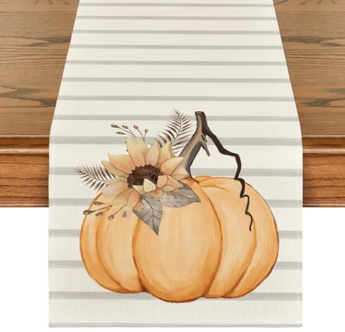 Artoid Mode Strisce Zucche Arancioni Foglie Autunno Runner da Tavolo, Decorazione Stagionale per la Tavola della Cucina Feste Indoor 40x180 cm