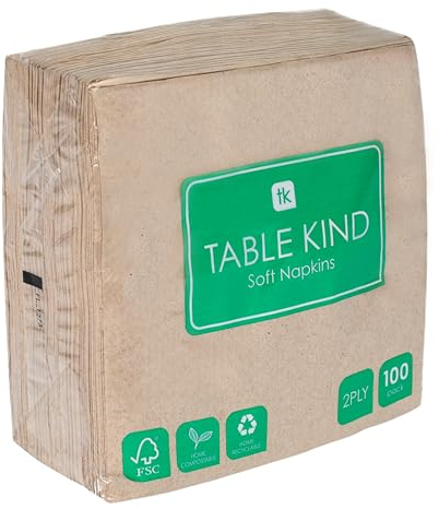 Table Kind | 100 Großpackung weiche Recycling-Papierservietten, braune Einweg-Party-Servietten, alltagstauglich, umweltfreundlich, Kraft, ungebleicht, kompostierbar, Made in EU, 2lagig, 33cm
