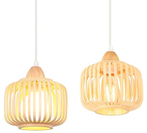 iDEGU 2 Stück Hängelampen Retro 18cm Pendelleuchte Vintage Skandinavischer Stil Deckenleuchte aus Bambus und Holz E27 Kronleuchter ModerneLampe Pendelleuchte für Schlafzimmer Esszimmer Küche Café Bar