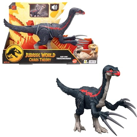 Mattel Jurassic World Chaostheorie Attacke und Brüllgeräusche Therizinosaurus Dinosaurier-Actionfigur, Klauenangriff und Brüllgeräusch, digitaler Spielspaß, JCG17, [Mehrfarbig]