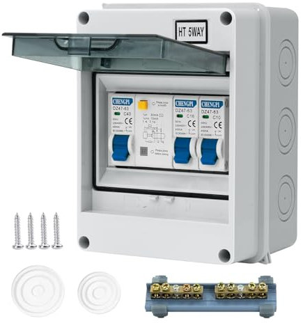 CHENGPI Boîte Coffret Electrique Etanche,Boîtier de Distribution avec Rangée de Cuivre,Disjoncteurs électriques 40A CA,Sectionneur 10A+16A CA pour Maison/Bureau,Montage sur Rail 35mm