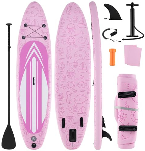 GYMAX Paddle Board, 9.8’/10’/11’ x 6” Inflatable Stand Up Paddle Board with SUP Accessories, Removable Fin, Paddle & Carry Bag, Blow Up Paddle Boards Standing Boat for Adults Youth (Pink, 10FT)