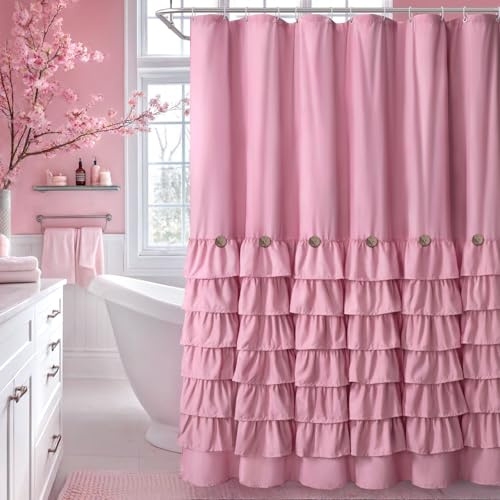 NDDYCU Ruffle Farmhouse Shower Curtain, Pink Vintage Shower Curtains for Bathroom Fabric Cute Rustic Cloth, 72 W X 72 L Inch