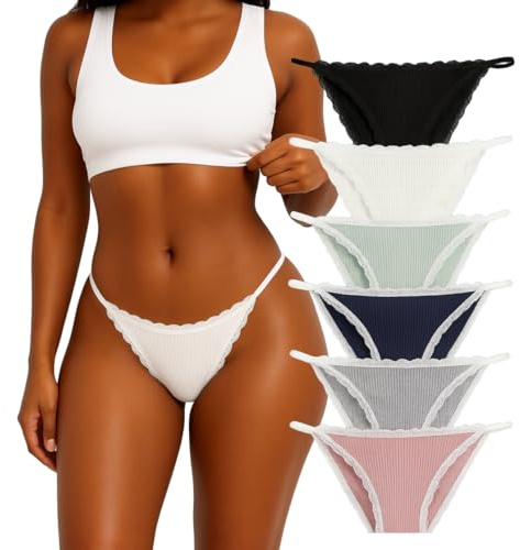 Babylunia 6 Pack Women Cotton Underwear Set Lace Trim Brazilian Knickers Low Rise Hipster Ladies Underpants Comfy Sexy String Bikini Panties Multipack (UK, Alpha, M, Regular, Regular, 6 Colors)