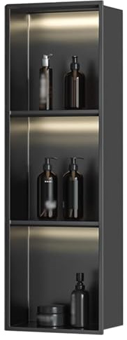 Baodiale Stainless Steel Shower Niche with LED Light Wall Insert Matte Black, Embedded Wall Niche No Tile Needed, Black Bathroom Shower Storage Shelf