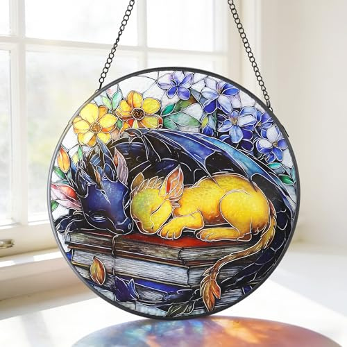 MEIYUDA Dragon Stained Glass Window Hanging Suncatcher, Book Double Side Glass Panel Sun Catchers for Windows, Hanging Suncatcher Handmade Decor Birthday Gifts for Women, Men, Mom and Lovers 20x20cm