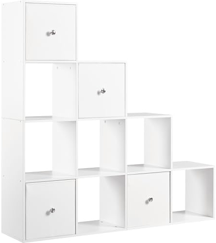 Yaheetech Libreria a 10 Cubi Scaffale per Libri in Legno a Forma L con Scomparti e 4 Cesti Pieghevoli, Design Moderno, per Scale Studio Soggiorno, 128x29x128 cm Bianco