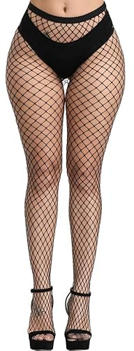 CozyWow Soft & Stretchy High Waist Fishnet Tights Partterned Fishnets Garter Stockings for Women(A-Black-Middle Hole)