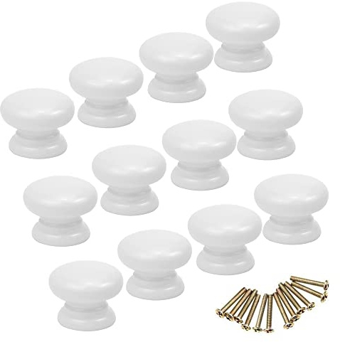 12 delar vita knoppar etthåls draghandtag lådknopp av trä runda möbelknoppar skåpsknoppar trähandtag med skruvar diameter 33mm Lätt att städa Ansöka till dörrar möbler köksskåp lådor byråer Sminkbord