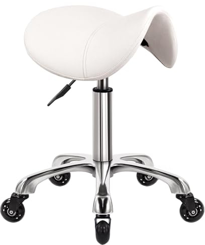 WKWKER Robuster Rollhocker mit Rädern Hydraulischer Drehgelenk Verstellbarer Rollhocker Ergonomisch Dickes Leder Sitzhocker Stuhl für Küche Zeichnen Labor Büro Salon Nachricht Hocker - Weiß