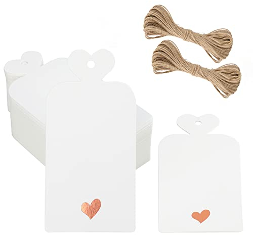 G2PLUS 100PCS White Blank Tags with Heart: Blank Paper Tags with String, 4.5cm x 9.5cm Large Gift Labels for Wedding Favors, Presents, 300g/m²