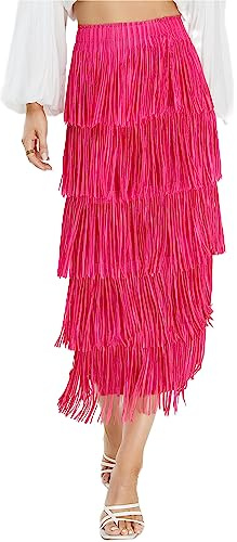 Kisidoo Women's Fringe Trim High Waist Short Pencil Bodycon Skirts, Sexy Elegant Fringe Long Maxi Skirt Summer Party Work Rose Red