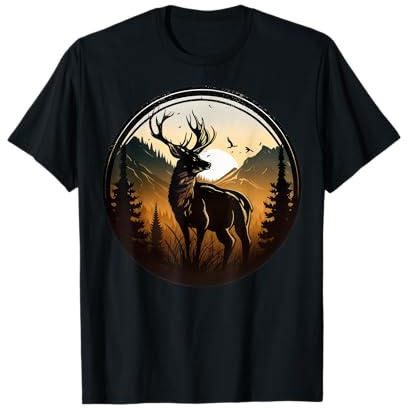 Deer Fans T-Shirt Unisex Adulte Noir Taille S Manche Courte Cerf dans la forêt avec Lever de Soleil