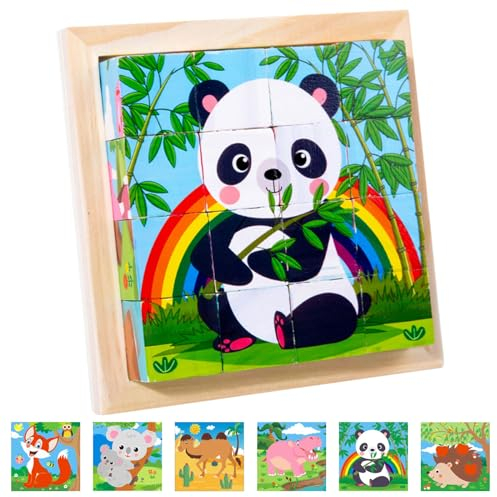 Bilderwürfel Holz, Holzpuzzle 3D Würfelpuzzle Puzzlespiele, Würfelpuzzle Holz mit 16 Würfel Holzspielzeug für Kinder ab 2 3 4 Jahren, Holzpuzzle Montessori Spielzeug für Jungen Mädchen (C)