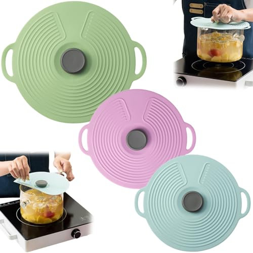 Jorzer Coperchi in silicone per ciotole, 3 coperchi in silicone per pentole e padelle, 32,4/23,1/20,9 cm, coperchi in silicone con manico, riutilizzabili, con ventosa