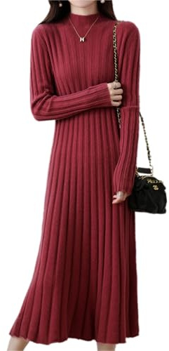 Ailaile 100% lana maglione vestito donna collo alto Pit strisce slim scollo a V manica lunga Pullover A-line abito lavorato a maglia, Oro rosso., L
