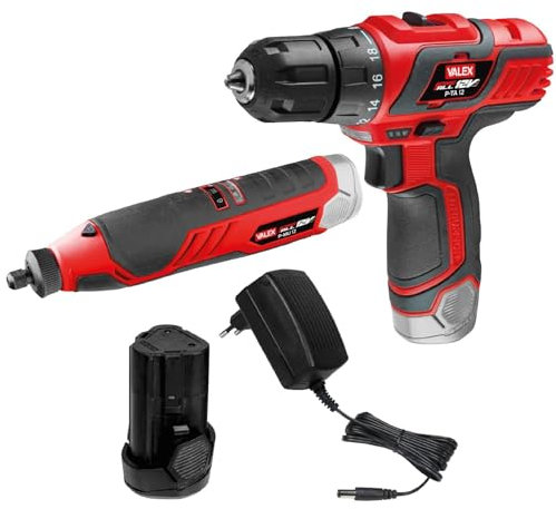 Valex Kit Trapano + Multiutensile a batteria al litio 12V, confezione 2 prodotti per il fai da te con utensili cordless, batteria e caricabatterie Gamma OneAll 12V, 2Ah