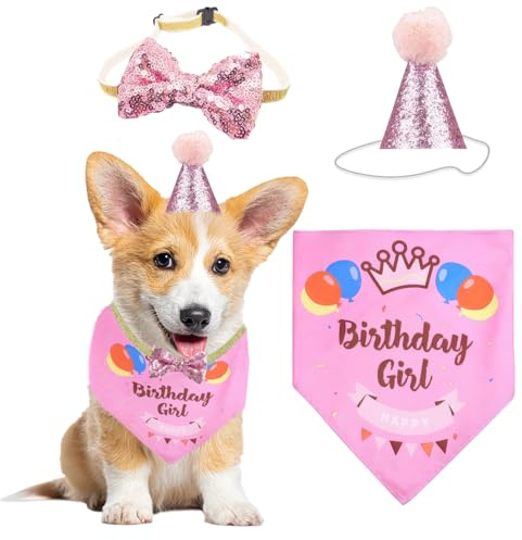Hund Födelsedagsbandana, Husdjur Födelsedagsfest Tillbehör Bomull Triangel Hundhalsduk med söt hund Födelsedagsmössa för små medelstora hundar Katter Hundar Valp Födelsedagsfest (rosa)
