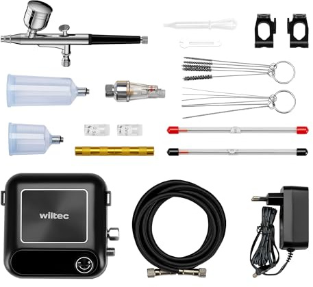 Wiltec HS-A9K Set con compressore, pistola aerografo, ugelli e accessori, motore 12 V, pressione autostop 1,5 bar, per modellismo, tatuaggi, nail art, airbrush