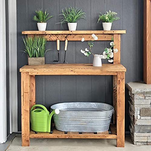 Potting Bench Work Station Garden Wooden Potting Bench Table Work Station Open Shelves Multi-Function Workbench Storage Shelf with Hook (Multiple Colour) (Color : Wood Color)