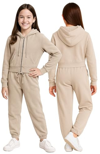 Stylerstreet Girl’s Tracksuits Teenagers 2 Piece Terry Cotton Activewear Long Sleeve Outfit Full ZIp Fleece Hoodie and Jogging Bottom Set for Kids (UK, Age, 15 Years, 16 Years, Regular, Beige)