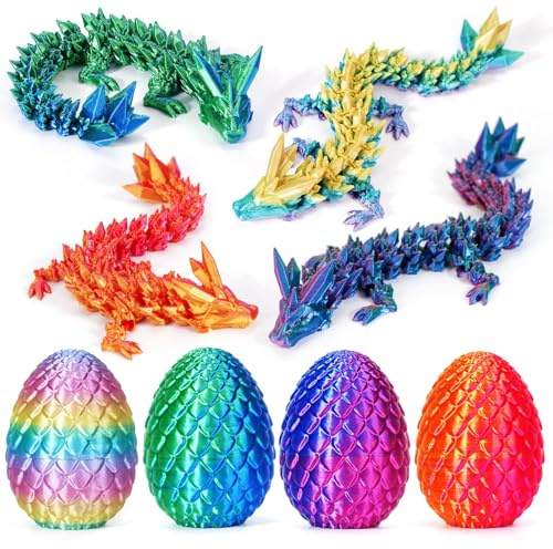 Lot de 4 Dragon articulé imprimé en 3D avec œuf de Dragon coloré Jouet Fidget réaliste pour Enfant Adolescent Adulte Figurine Mobile pour décoration Maison Bureau Cadeau pour Pâques Noël Anniversaire
