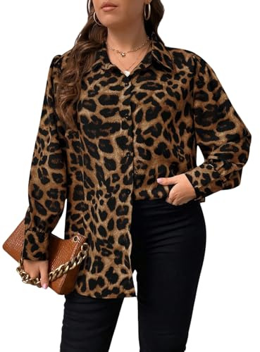 GORGLITTER Chemisier Femme Grandes Tailles Chemisier Décontracté Motif Léopard Blouses Manches Longues Col rabattu Chemisier Femme Cardigan Oversize avec Bouton, Léopard, 4XL
