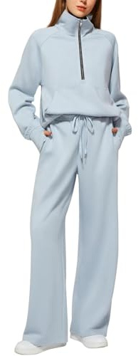 Tuta da donna Set completo Lounge Wear Set 2 pezzi da donna in pile tute comode a maniche lunghe Activewear con zip cappotto top pantaloni set moda casual termico autunno inverno, Azzurro, XL