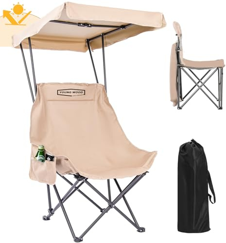 YOUNG WOOD Camping Chair with Canopy, Beach Chair with Shade, Portable Fold Lightweight Oversized Suit for All, Easy to Open Without Installation, Side Pocket Design for All Outdoor Activities,Khaki